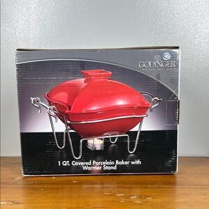 Godinger Red Porcelain Covered Baker with Chrome Warmer Stand